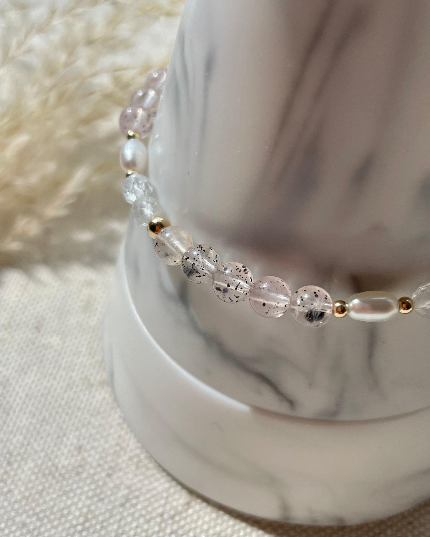 Strength + Enlightenment | Limited Edition: Rare Black Hematite In Rose Quartz & Fresh Water Pearls with White Topaz