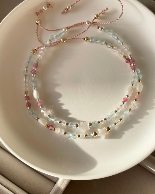 Limited Edition - Aqua a Chalcedony, Moonstone, Pink Tourmaline & Mother of Pearl