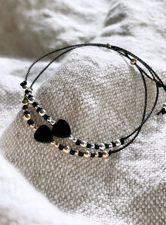 Courage & Guidance - Black Agate Heart Adjustable Silk Cord Bracelet