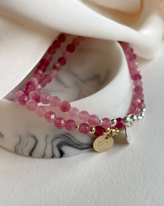 Semi-precious dainty October birthstone bracelet. Made on a stretch cord with Pink Tourmaline crystals. Zodiac Bracelet for Libra & Scorpio.