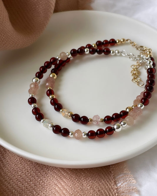 Optimism & Confidence - Baltic Cherry Amber, Strawberry Quartz & Ethiopian Opal Crystal Bracelet