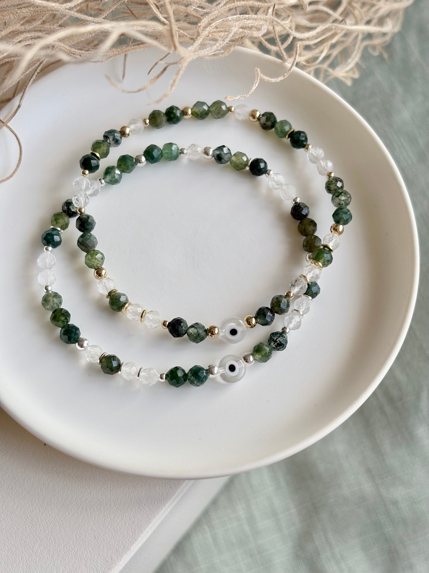 Calm + Centred: Moss Agate & Clear Quartz Bracelet