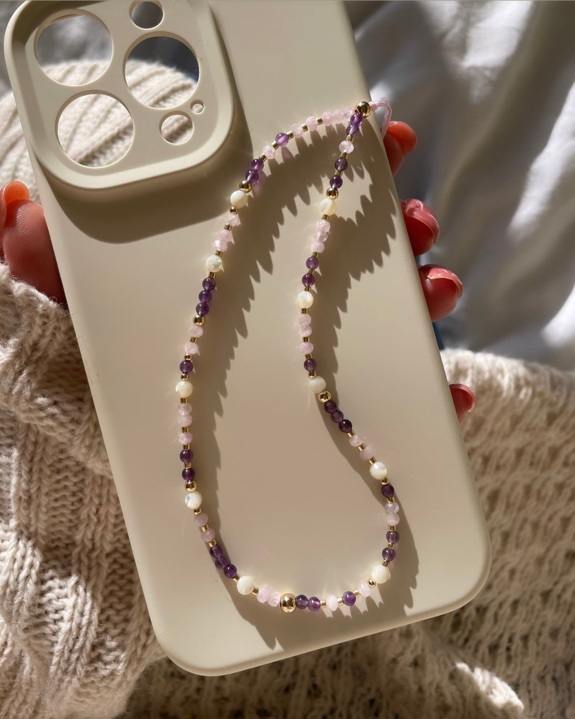 Soul Nurturing: Amethyst, Kunzite & Mother of Pearl Phone Charm