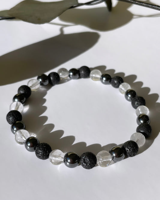 Positivity & Focus - Clear Quartz, Hematite and Lava Bead Bracelet