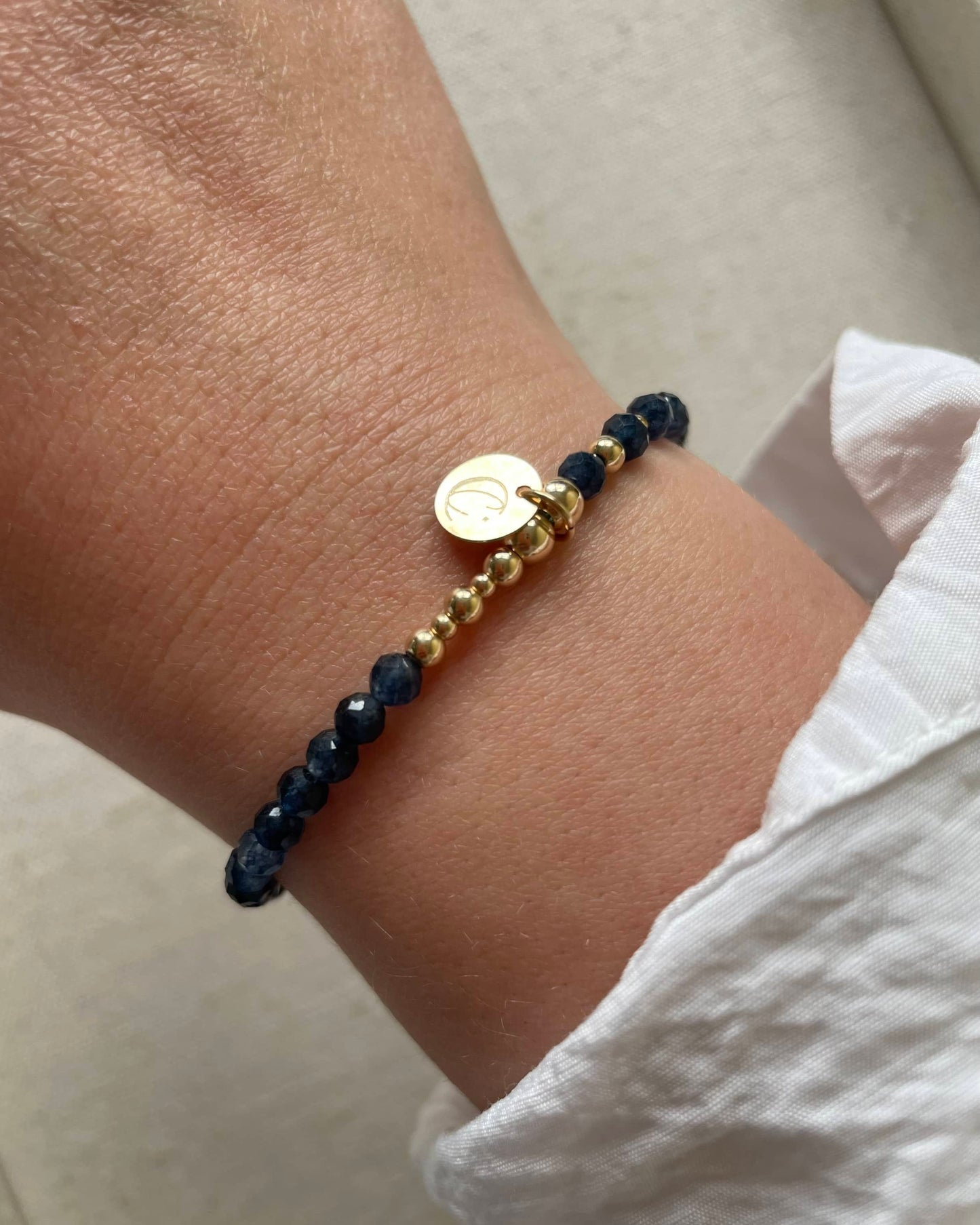 Celestial Moon and Star Charm. Gold filled stretch bracelet with natural gemstones.