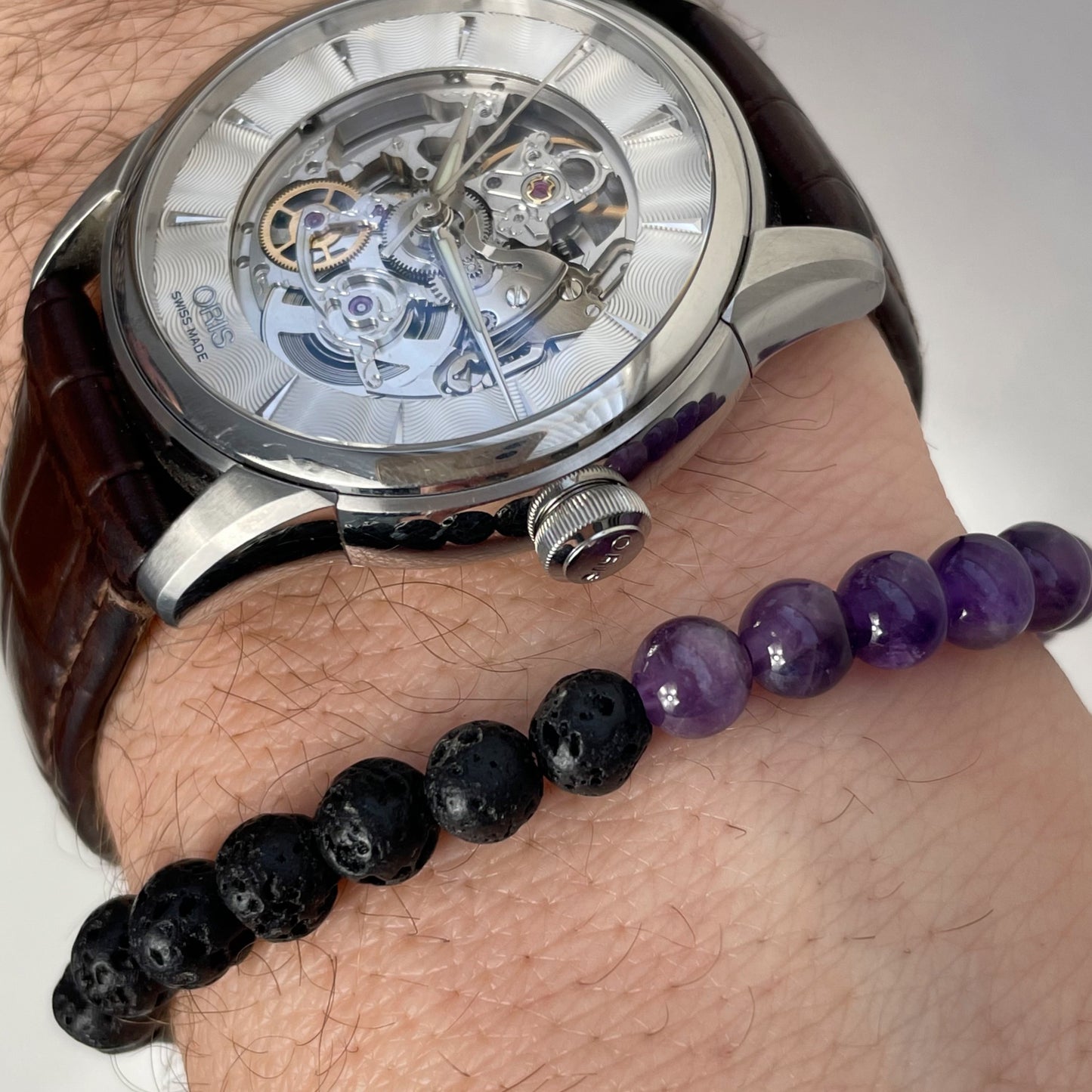 Mens Amethyst & Lava Bead Crystal Bracelet