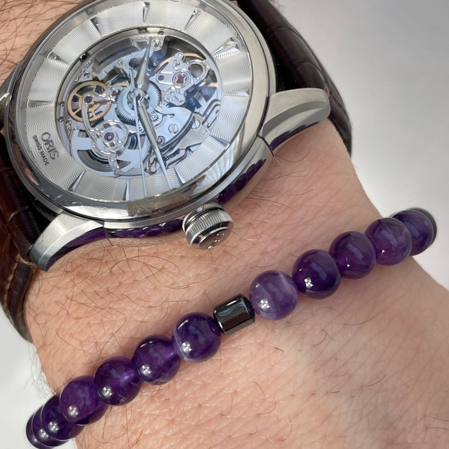 Mens Amethyst & Lava Bead Crystal Bracelet