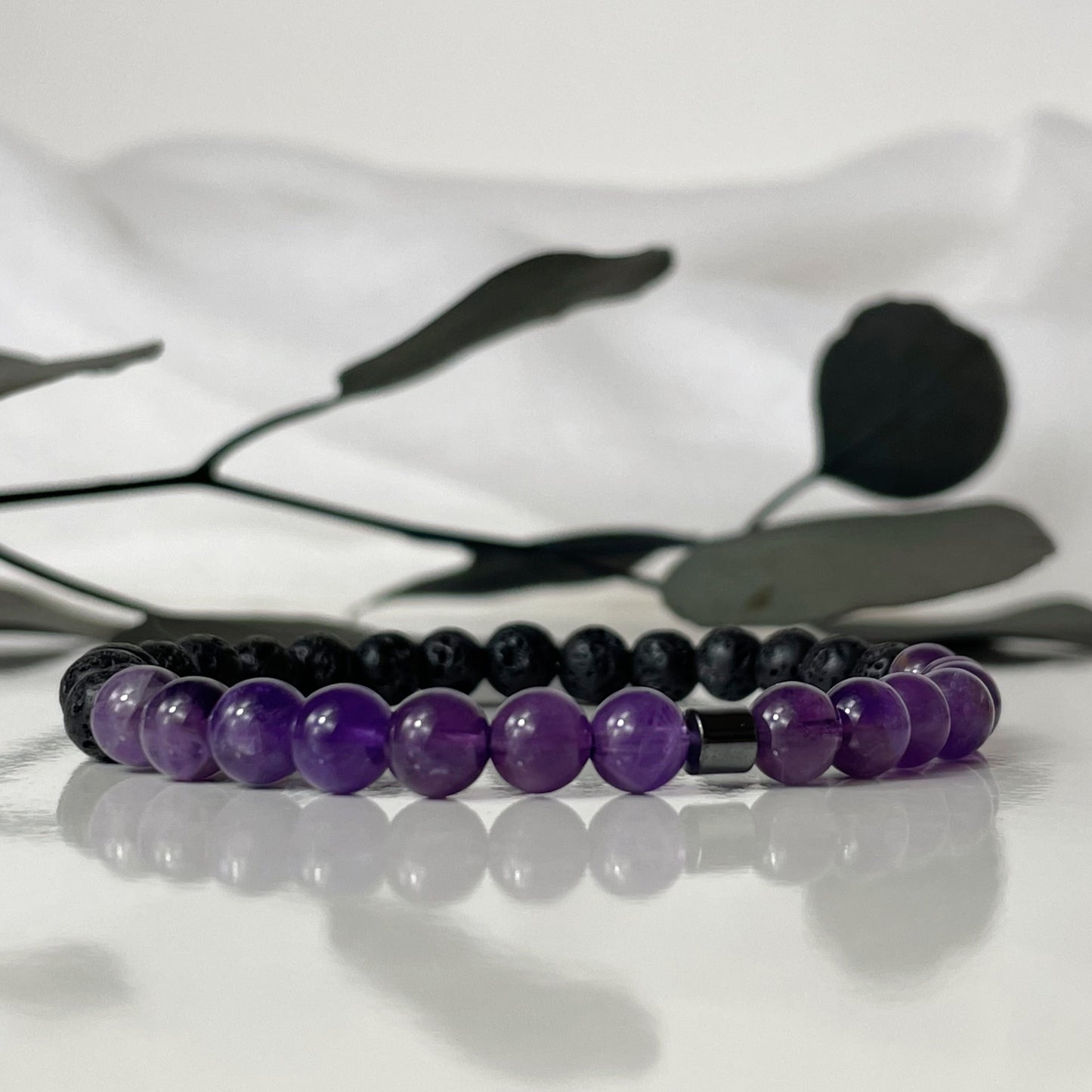 Mens Amethyst & Lava Bead Crystal Bracelet