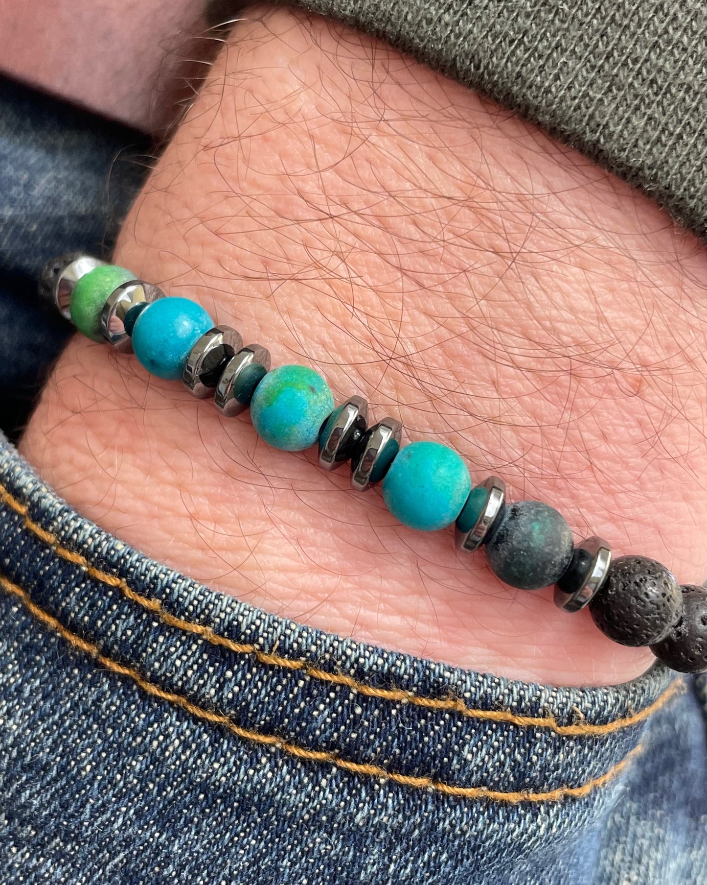 Inner Strength & Faith Mens Matt Chrysocolla, Hematite & Lava Bead Bracelet