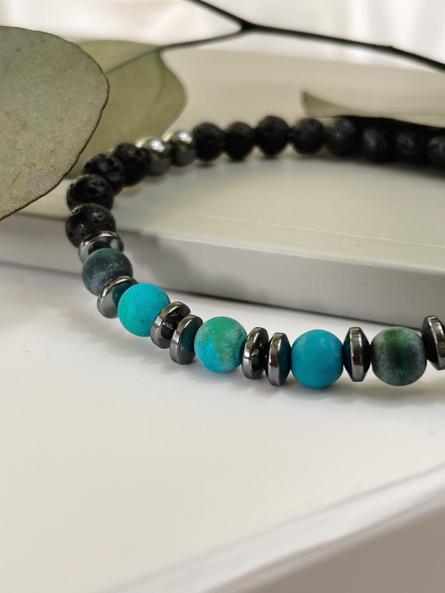 Inner Strength & Faith Mens Matt Chrysocolla, Hematite & Lava Bead Bracelet