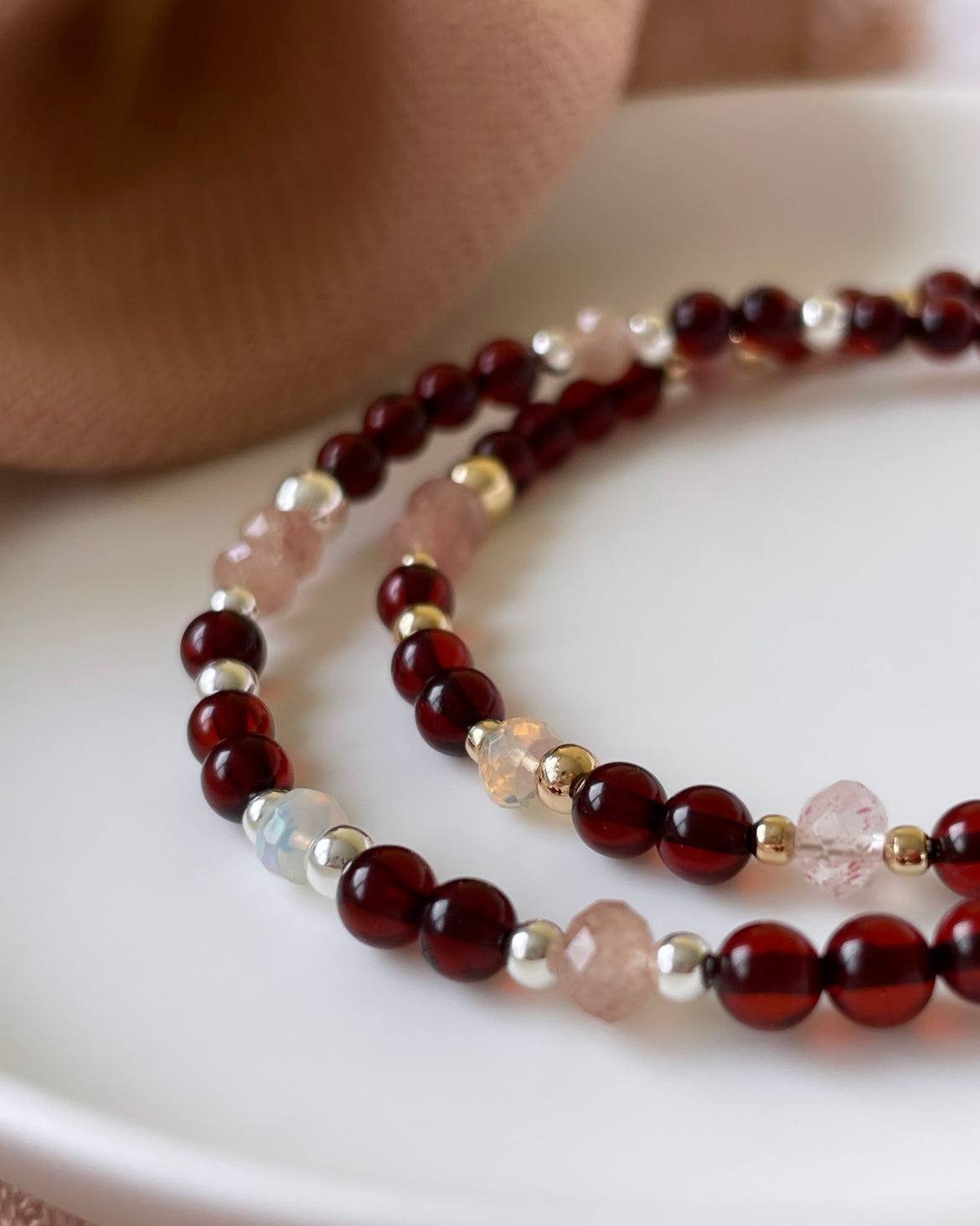 Optimism & Confidence - Baltic Cherry Amber, Strawberry Quartz & Ethiopian Opal Crystal Bracelet