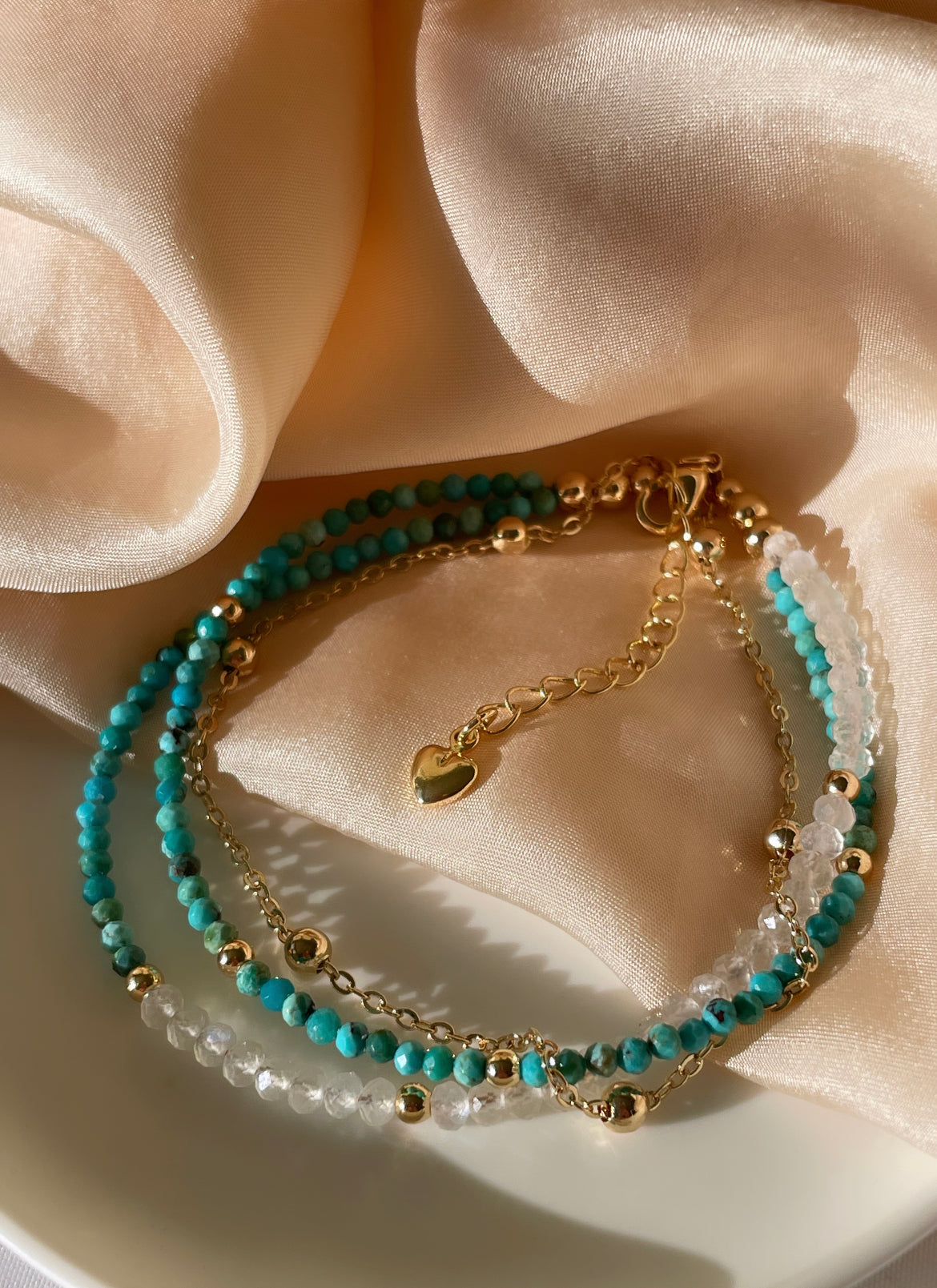 Turquoise & Moonstone Clasped Gold Filled Bracelet