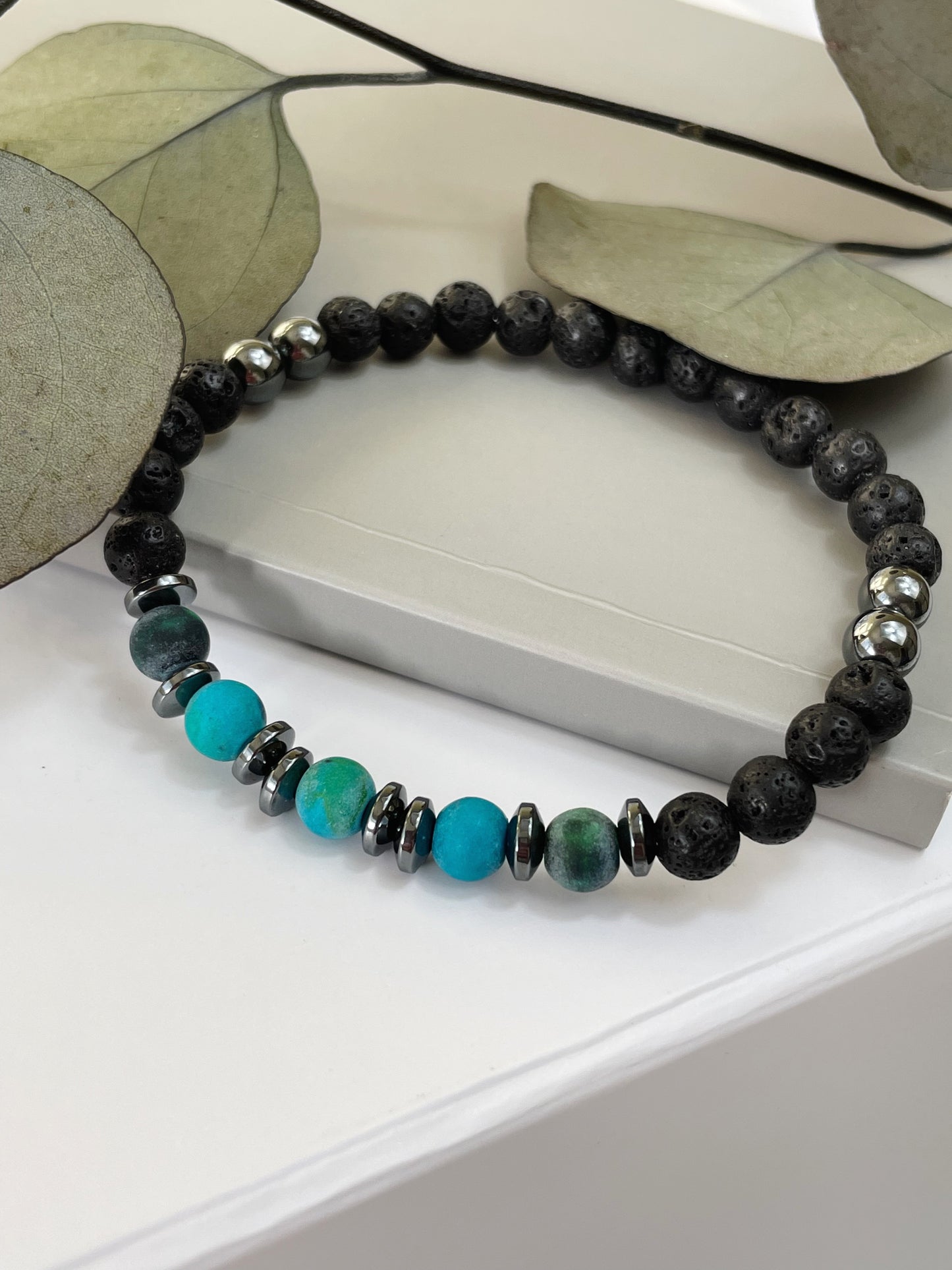 Inner Strength & Faith Mens Matt Chrysocolla, Hematite & Lava Bead Bracelet