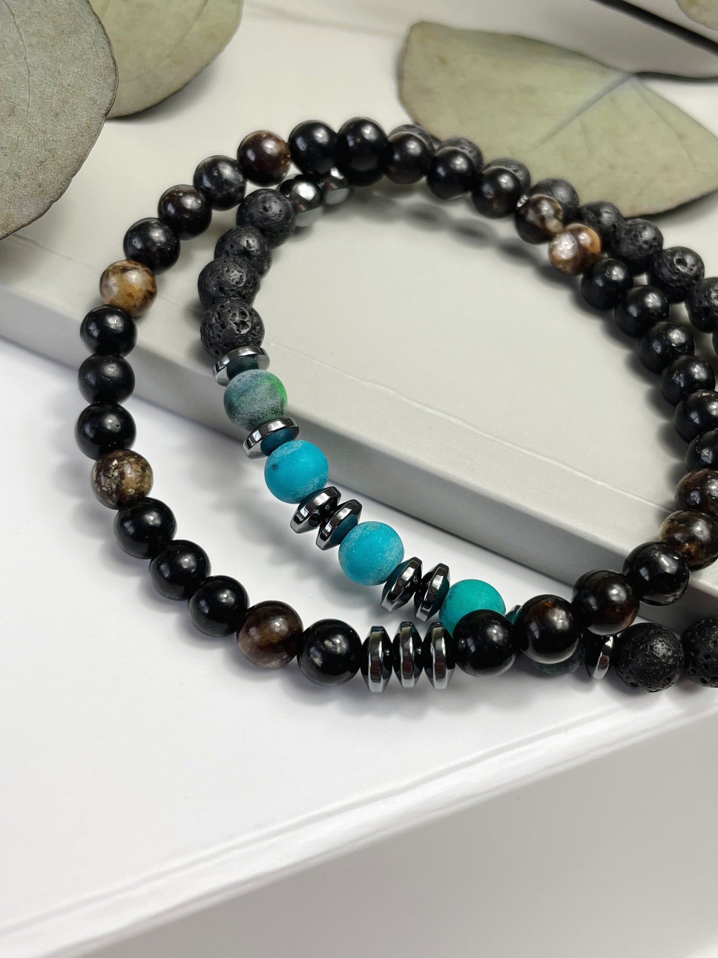 Inner Strength & Faith Mens Matt Chrysocolla, Hematite & Lava Bead Bracelet